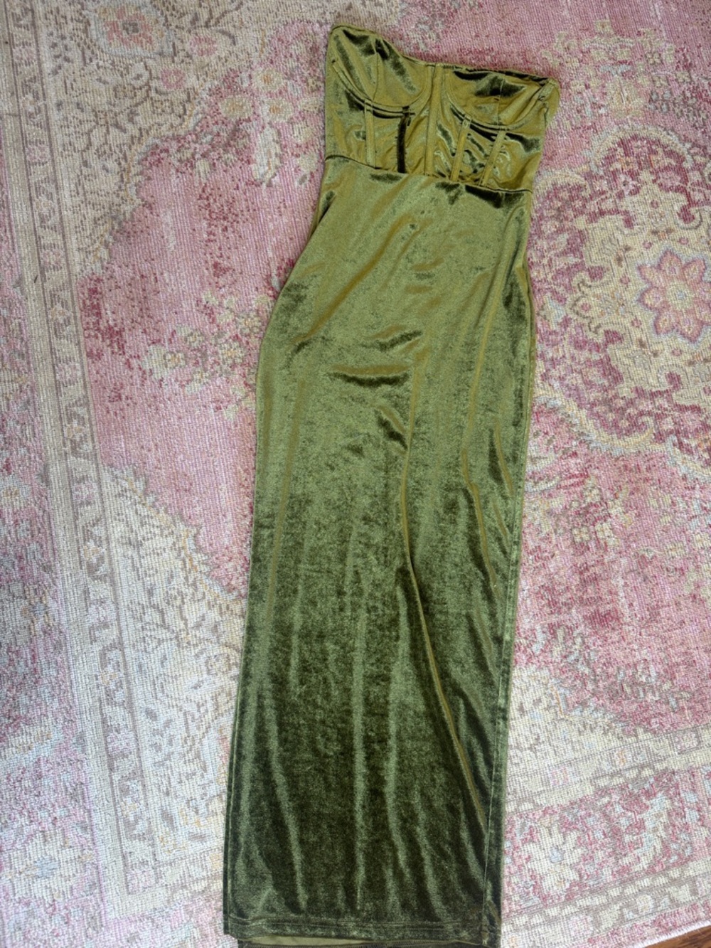 PrettyLittleThing Olive Green Velvet Strapless Gown